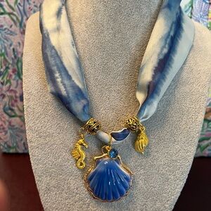 Blue Shell Boho Scarf Charm Necklace - Women Jewelry